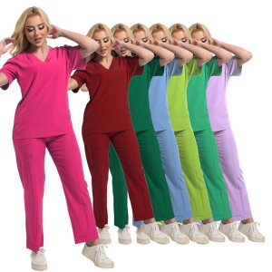 スクラブ レディース 秋冬 医療用 白衣 半袖 上下セット 手術着 診察衣 看護師 介護士 制服 ユニフォーム 吸汗速乾 ストレッチ Vネック ポリエステル素材 ゆったり リラックスフィット S-XXL対