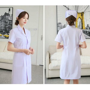 ナース服 レディース 吸汗速乾 薄手 長袖 半袖 ドールカラー 医療用白衣 上下セット 2点セット ユニフォーム ロング丈 ホワイト 綿混素材