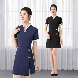 ワンピース レディース 吸湿速乾 サロン エステ マッサージ SPA フットケア リラクゼーション 施術服 制服 チャイナ風 レトロ ワークウェア 半袖 ミディ丈 スタンドカラー ポリエステル 通年
