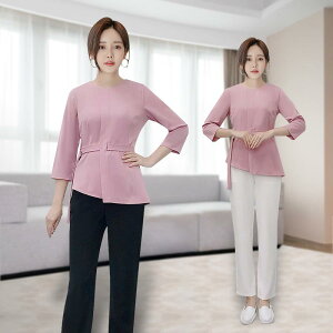 ユニフォーム レディース 吸汗速乾 美容師 エステ スパ サロン フットケア フットセラピスト 施術着 韓国式 七分袖 パンツ セットアップ ポリエステル 仕事着 業務用(x2)