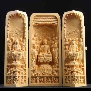 仏像 黄楊木 精密彫刻 万仏朝宗 三聖観音菩薩 無垢材 携帯仏龕 卓上 ポータブル 三開仏 諸仏 縁起物 開運招福 厄除け 供養 自宅用 インテリア 置物