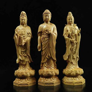 仏像 精巧 黄楊木彫刻 西方三聖 観世音菩薩 大勢至菩薩 阿弥陀仏 中華風 インテリア オブジェ 収集品 飾り物 手磨き 高さ約20cm 開運 縁起物 仏間 和室 リビング