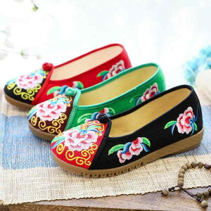 レディース フラットシューズ スリッポン 幅広 ゆったり 刺繍 花柄 キャンバス 布製 レトロ 民族風 ラウンドトゥ 甲浅 ママ ミセス シニア向け コンフォート デイリー 春秋