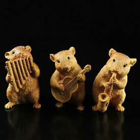 置物 黄楊木彫り 干支 鼠 ハムスター 楽器演奏 ポーズ 木製 精巧 インテリア 雑貨 飾り オブジェ 手彫り かわいい 縁起物 開運 子年