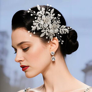 ヘアクリップ レディース 結婚式 ウェディング ブライダル 撮影用 手作り ハンドメイド アップヘア シルバー メタル フラワーリーフ ラインストーン パール くちばしクリップ 華やか エレガ