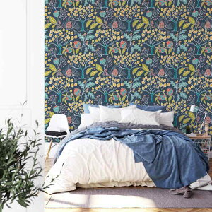 壁紙 粘着式 ネイビーブルー ダークカラー 植物 ボタニカル柄 小花柄 防水 防湿 防汚 防カビ 剥がせる リメイクシート 模様替え PVC素材 おしゃれ リビング 寝室 玄関 アクセントクロス