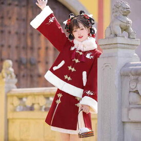 ロリータ レディース スリーピース セット オリジナルデザイン 干支うさぎ デイリー レトロ チャイナ風 ネックウォーマー トップス 長袖 フレアスリーブ ショート丈スカート 秋冬 ポリエステル素材