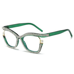 眼鏡 ブルーライトカット ジルコニア装飾 パール 欧米風 個性的 ラグジュアリー ハンドメイド オーバル型 フルリム インフルエンサー トレンド 小顔効果 伊達眼鏡