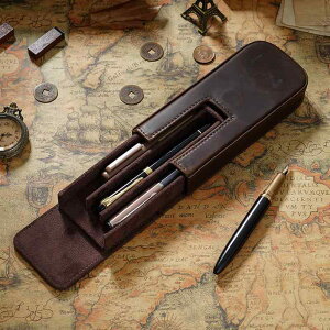 ペンケース ユニセックス 男女兼用 学生用 クレイジーホースレザー 本革 牛革 ハンドメイド マグネット開閉 スライド式 3本収納 万年筆入れ 収納ボックス