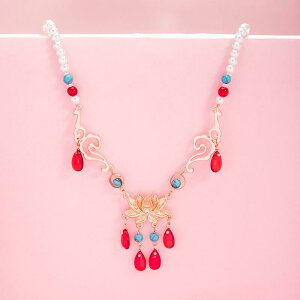 ネックレス レディース 赤 レッド 水滴 ドロップ 琉璃 ガラス 瓔珞 古風 レトロ アンティーク調 中国風 漢服 エキゾチック 手作り 多層 丸ビーズチェーン 蓮の花(x2)