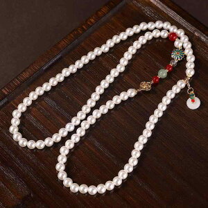 ネックレス レディース 中国風 新中式 七宝焼き エナメル マザーオブパール パール 平安 ロングネックレス 重ね付け アンティーク風 ハンドメイド 71-80cm