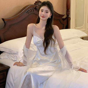 ルームウェア レディース 接触冷感 薄手 胸パッド付き キャミソール ネグリジェ 長袖 ロング丈 秋物 2点セット セクシー リラックス パジャマ 部屋着 寝巻き フレンチスタイル 大人かわいい