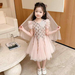 ワンピース 女の子 キッズ ベビー 薄手 軽量 涼しい 柔らか素材 フリル袖 プリンセスデザイン おしゃれ 夏服 3-8歳 園児 小学生向け ポリエステル