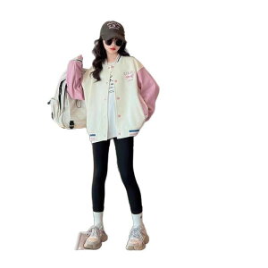 ジャケット 女の子 キッズ ジュニア 韓国風 前後 リボン 野球ジャケット 長袖 ミドル丈 ラウンドネック 綿混 ソフトタッチ カジュアル 春 秋 アウター 前ボタン