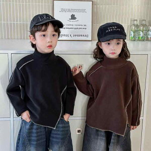 カットソー キッズ ベビー 男の子 女の子 男女兼用 秋冬 厚手 モックネック 長袖 綿混 ポリエステル 柔らか肌触り トップステッチ スリット入り 韓国風 おしゃれ 重ね着 インナーシャツ 通園