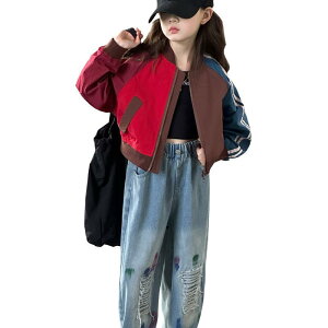 ジャケット 女の子 キッズ ジップアップ スタジャン 配色切り替え 長袖 フードなし ショート丈 ソフトタッチ カジュアル アメカジ レトロ ブルゾン 秋冬アウター
