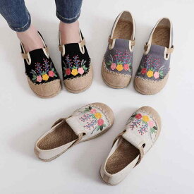 シューズ レディース 通気性 軽量 バラ刺繍 花柄 麻 綿麻 田園風 ナチュラルテイスト 浅履き ラウンドトゥ フラット スリッポン ローヒール 春秋 普段使い カジュアル