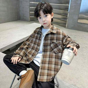 シャツ 男の子 キッズ ジュニア チェック柄 長袖 春夏 カジュアル おしゃれ かっこいい アウター 柔らかな肌触り ポリエステル素材 クルーネック トップス ネイビー ブラウン 小中高生 通学
