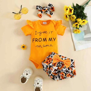 ベビー服 女の子 新生児 夏物 半袖 ロンパース ショートパンツ アルファベット リボン ヒョウ柄 3点セット プルオーバー 柔らか素材 ポリエステル 安全基準A かわいい おしゃれ