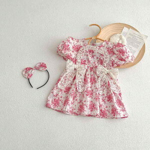 ロンパース ボディスーツ ベビー 女の子 安心安全 半袖 レース 綿100% 夏服 0-3歳 新生児 お宮参り 出産祝い 韓国風 花柄 三角デザイン ローズピンク 姉妹お揃い