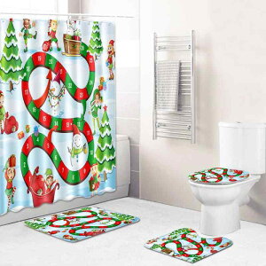 バスルームセット 吸水 防塵 滑り止め加工 クリスマス シャワーカーテン 4点セット トイレマット バスマット フロアマット 長方形 モダン シンプル ポリエステル製