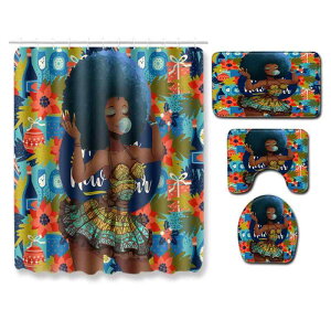 シャワーカーテンとバスマット セット 撥水 防カビ 滑り止め 丸洗いOK バスルーム用 アフリカンスタイル 女性柄 個性的 おしゃれ モダン ポリエステル素材 家庭用