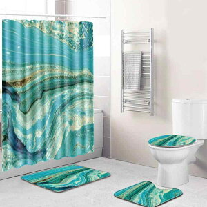 バスマット 丸洗いOK ポリエステル 欧米風 大理石柄 シャワーカーテン トイレマット ラグマット フロアマット 4点セット モダン シンプル おしゃれ バスルーム トイレ 洗面所 インテリア