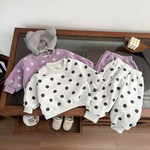 裏起毛 厚手 冬 ベビー服 男女兼用 ドット柄 スウェット トレーナー スウェットパンツ コーデュロイ 上下セット おしゃれ 韓国風 カジュアル パープル グレー