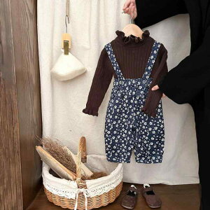 サロペット 女の子 ベビー キッズ 子供 春秋 韓国風 おしゃれ 小花柄 レトロ ストレートパンツ 綿 コットン 肌触りやわらか A類安全 ロング丈 ウエストゴム