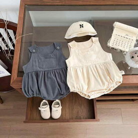 ロンパース ベビー 春秋 韓国風 かわいい ポケット ノースリーブ 綿100% おしゃれ ゆったり 着回し ユニセックス フードなし スナップボタン 三角