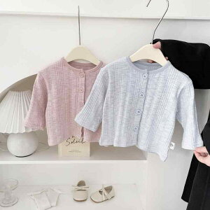 カーディガン ベビー 女の子 春夏秋 薄手 UVカット 日焼け対策 柔らかい おしゃれ かわいい 着回し 丸首 長袖 前開き 韓国風 カジュアル ポリエステル ピンク 水色 幼児 80 90 100cm