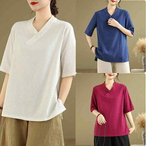 Tシャツ レディース 綿麻 半袖 Vネック ゆったり オーバーサイズ カットソー 春夏 レトロ エスニック アジアン 切り替え ルームウェア 部屋着 太極拳 ヨガ ワインレッド ネイビー ホワイト 多