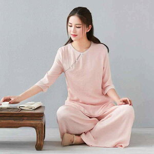 ウェア 接触冷感 ゆったり ワイド 七分袖 中華風 レトロ エレガント 綿麻 瞑想 茶道 太極拳 ヨガ ルームウェア スポーツウェア 上下セット 春夏