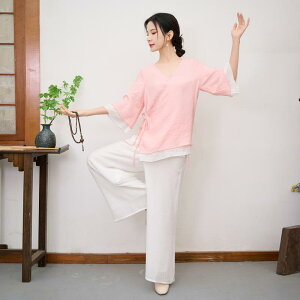 太極拳ウェア レディース 綿麻 通気性 吸汗速乾 肌触り快適 民族風 禅 ヨガ 座禅 瞑想 練習着 ルームウェア ダンス 上下セット 2点セット 春夏