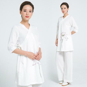 ヨガウェア レディース 春夏 通気性抜群 リネン素材 斜め襟 七分袖 手描き花柄 レトロ風 太極拳服 武術着 リラックスウェア