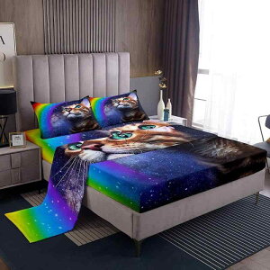 寝具セット ジュニア 学生向け ギャラクシー レインボー 猫柄 宇宙柄 4点セット ベッドシーツ ボックスシーツ 枕カバー 肌触りなめらか 起毛素材 ポリエステル おしゃれ かわいい 子供部屋
