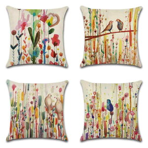 クッションカバー 北欧 綿麻素材 幾何学模様 彩り鳥 レトロ柄 カササギデザイン プリント おしゃれ リビング ソファ 抱き枕 背もたれ インテリア雑貨