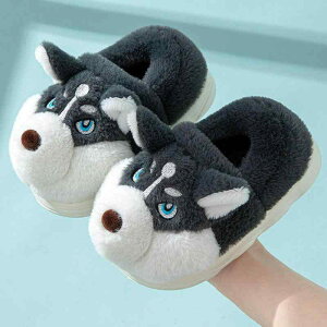 ルームシューズ キッズ 子供用 男女兼用 あったか 裏ボア かかと付き 厚底 滑り止め ふかふか快適 かわいい ハスキー犬 キャラクター デザイン 秋冬 部屋履き グレー ライトグレー