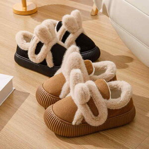 スリッパ レディース うさ耳 かわいい かかと付き 厚底 面ファスナー 滑り止め 保温 あったか フェイクファー ボア スエード調 EVAソール 冬用 外履き 室内履き 3.5cmヒール ラウンドトゥ