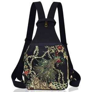 リュックサック レディース エスニック 鳳凰 刺? キャンバス ミニ ボディバッグ ワンショルダー 多機能 ダブルファスナー コンパクト 黒 ワインレッド 紺色 カジュアル 旅行