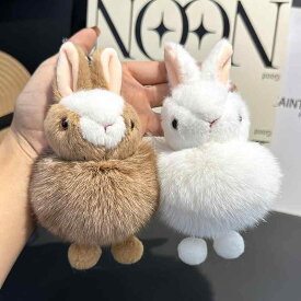 キーホルダー バッグチャーム リアルフォックスファー 人工毛 かわいい うさぎ ぬいぐるみ マスコット 車の鍵 鞄 リュックサック ファーチャーム 高級感 オリジナルデザイン 白 灰色 カーキ ピンク