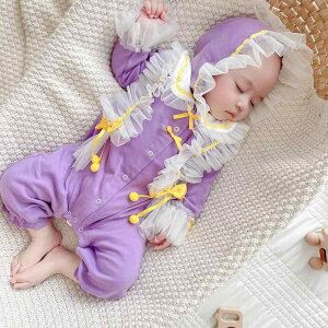ロンパース カバーオール 女の子 ベビー 赤ちゃん 新生児 綿100% コットン 長袖 春秋 スナップボタン 前開き A類安全基準 カジュアル パープル 紫