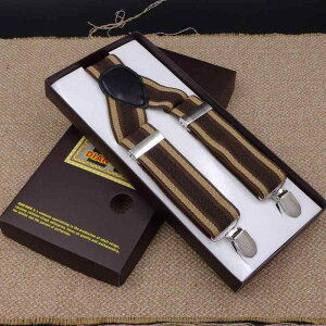 サスペンダー メンズ Y型 3点留め 長さ調節可能 伸縮性抜群 3.5cm幅 ジャカード織り ブラウン ストライプ柄 ビジネス カジュアル 大人用 ファッション小物