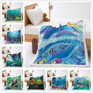 毛布 ブランケット マイクロファイバー 両面仕様 ラムボア フランネル ふわふわ もこもこ なめらか肌触り 軽量 暖かい 海洋生物柄 イルカ かわいい ひざ掛け ソファカバー オフィス リビン