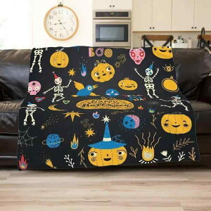 ブランケット ハロウィン 超柔らか フランネル ふわふわ おもしろ かわいい ユニーク 南瓜顔 かぼちゃ スケルトン 骸骨 プリント オールシーズン ポリエステル