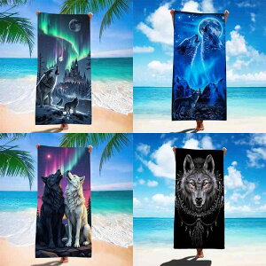 ビーチタオル メンズ レディース 大人用 マイクロファイバー素材 吸水速乾 軽量 薄手 狼柄 プリント柄 欧米風 リゾート 海 プール バスタオル 大判 春夏 多色展開