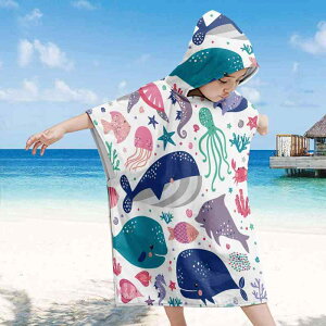 ビーチポンチョ キッズ フード付き 吸水速乾 UVカット マイクロファイバー お着替えタオル 海洋動物柄 水泳 プール 海水浴 バスタオル バスローブ 旅行 レジャー ガウン 男女兼用(x2)