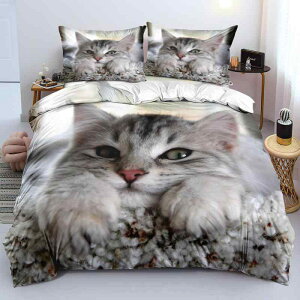 布団カバーセット かわいい 猫柄 デジタルプリント ピーチスキン加工 微起毛 ポリエステル綿 洗える 速乾 掛布団カバー ボックスシーツ 枕カバー 3点セット オールシーズン対応