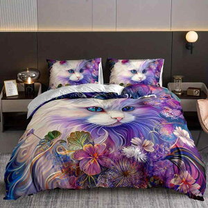 寝具カバー 猫 花柄 3D 高精細デジタルプリント 掛け布団カバー 枕カバー 3点セット やわらか 肌触り 快適 ポリエステル 化学繊維製 モダン シンプル かわいい オールシーズン対応