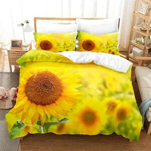 寝具 布団カバーセット 黄色 ひまわり柄 フラワーデザイン デジタルプリント 高品質ポリエステル素材 シングル ダブル クイーンサイズ 3点セット 洗濯可能 快適 おしゃれ 寝室用